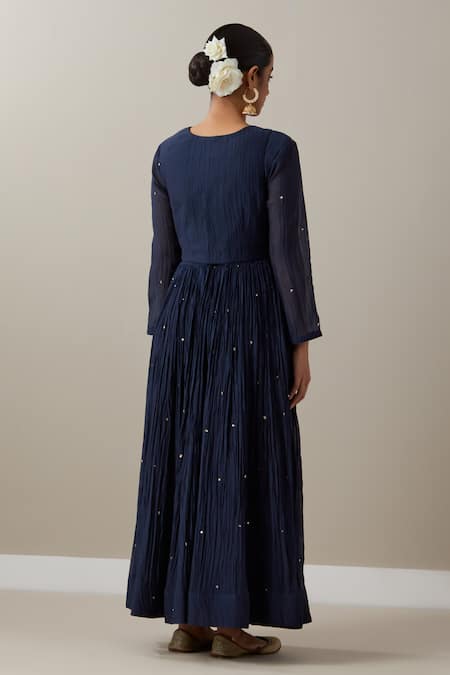 Shop_Priya Chaudhary_Blue Chanderi Sequins, Zari Round Neck Embroidered Anarkali Set With Koti Jacket _at_Aza_Fashions