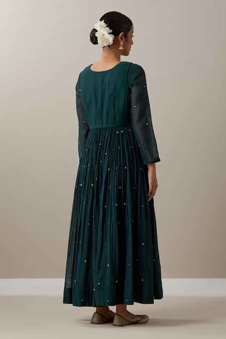 Shop Priya Chaudhary Green Chanderi Sequins, Zari Round Neck Embroidered Anarkali Pant Set at Aza Fashions Shop_Priya Chaudhary_Green Chanderi Sequins, Zari Round Neck Embroidered Anarkali Pant Set _at_Aza_Fashions