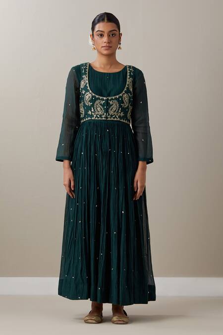Shop Priya Chaudhary Green Chanderi Sequins, Zari Round Neck Embroidered Anarkali Set Online at Aza Fashions Shop_Priya Chaudhary_Green Chanderi Sequins, Zari Round Neck Embroidered Anarkali Set _Online_at_Aza_Fashions