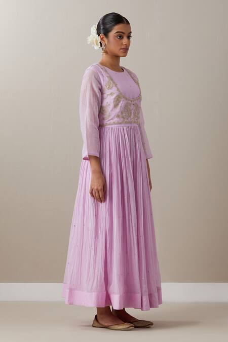 Buy_Priya Chaudhary_Pink Chanderi Sequins, Zari Round Neck Embroidered Anarkali And Koti Jacket Set _Online_at_Aza_Fashions