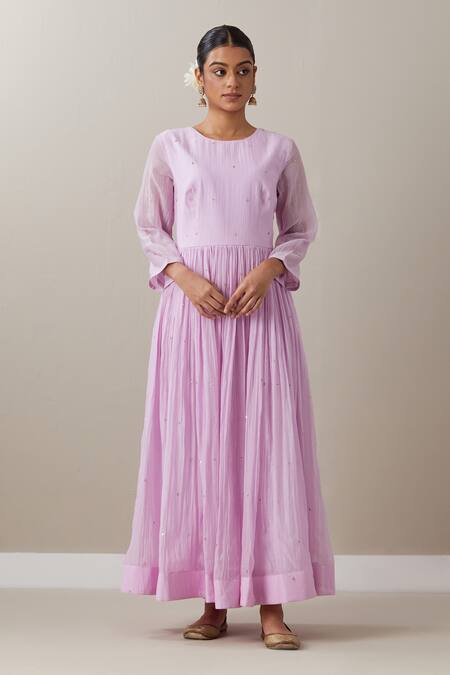 Priya Chaudhary_Pink Chanderi Sequins, Zari Round Neck Embroidered Anarkali Pant Set _Online_at_Aza_Fashions