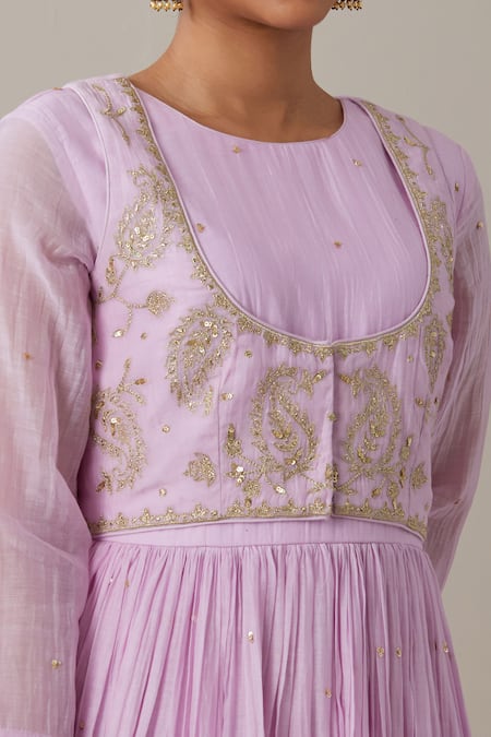 Shop_Priya Chaudhary_Pink Chanderi Sequins, Zari Round Neck Embroidered Anarkali Pant Set _Online_at_Aza_Fashions