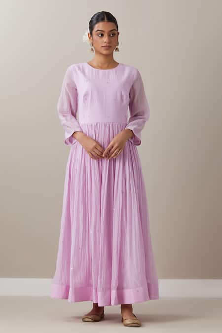 Priya Chaudhary_Pink Chanderi Sequins, Zari Round Neck Embroidered Anarkali Set With Dupatta _Online_at_Aza_Fashions