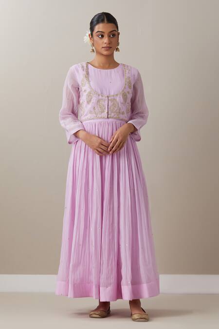 Buy_Priya Chaudhary_Pink Chanderi Sequins, Zari Round Neck Embroidered Anarkali Set With Dupatta _Online_at_Aza_Fashions