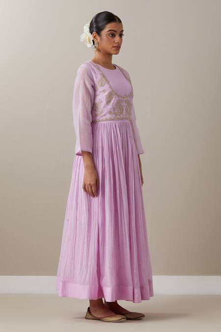 Shop_Priya Chaudhary_Pink Chanderi Sequins, Zari Round Neck Embroidered Anarkali Set With Dupatta _Online_at_Aza_Fashions