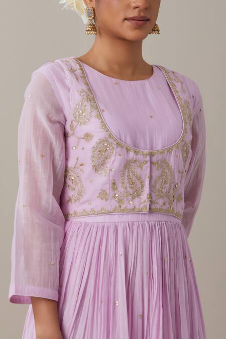 Priya Chaudhary_Pink Chanderi Sequins, Zari Round Neck Embroidered Anarkali Set With Dupatta _at_Aza_Fashions