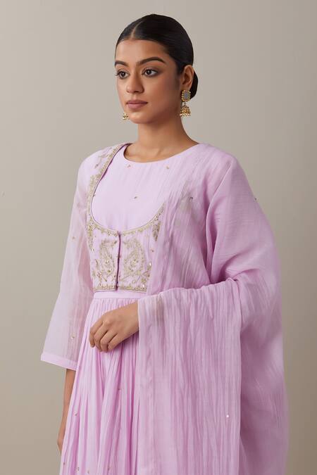 Buy_Priya Chaudhary_Pink Chanderi Sequins, Zari Round Neck Embroidered Anarkali Set With Dupatta 