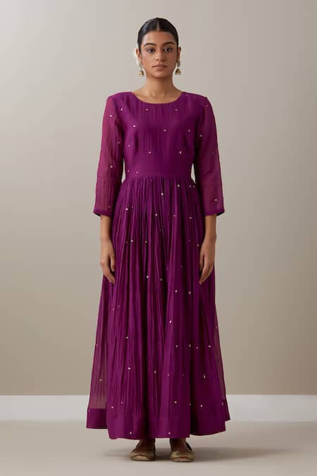 Priya Chaudhary Purple Chanderi Sequins Round Neck Pleated Anarkali And Koti Jacket Set Online at Aza Fashions Priya Chaudhary_Purple Chanderi Sequins Round Neck Pleated Anarkali And Koti Jacket Set _Online_at_Aza_Fashions