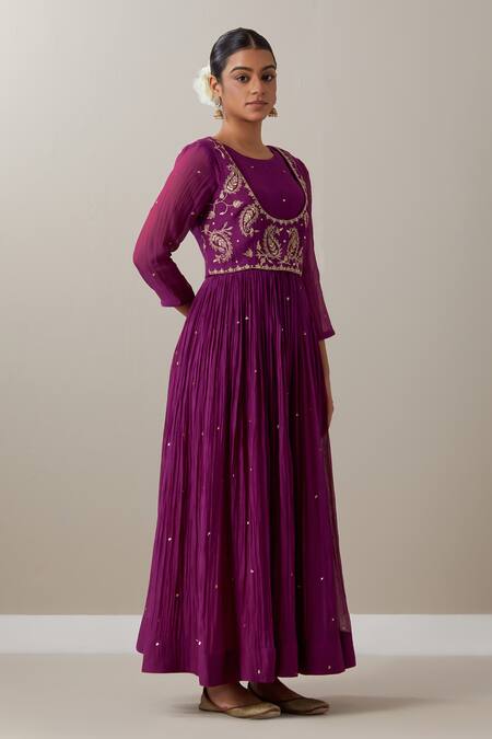 Buy Priya Chaudhary Purple Chanderi Sequins Round Neck Pleated Anarkali And Koti Jacket Set Online at Aza Fashions Buy_Priya Chaudhary_Purple Chanderi Sequins Round Neck Pleated Anarkali And Koti Jacket Set _Online_at_Aza_Fashions