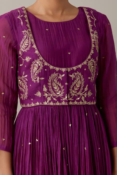 Shop Priya Chaudhary Purple Chanderi Sequins Round Neck Pleated Anarkali And Koti Jacket Set Online at Aza Fashions Shop_Priya Chaudhary_Purple Chanderi Sequins Round Neck Pleated Anarkali And Koti Jacket Set _Online_at_Aza_Fashions