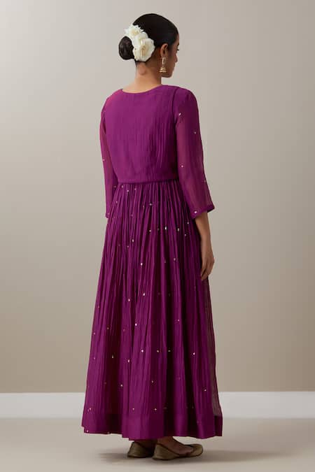 Shop Priya Chaudhary Purple Chanderi Sequins Round Neck Pleated Anarkali And Koti Jacket Set at Aza Fashions Shop_Priya Chaudhary_Purple Chanderi Sequins Round Neck Pleated Anarkali And Koti Jacket Set _at_Aza_Fashions