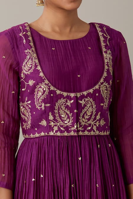 Shop Priya Chaudhary Purple Chanderi Sequins, Zari, Embroidery Pleated Anarkali Set With Koti Jacket Online at Aza Fashions Shop_Priya Chaudhary_Purple Chanderi Sequins, Zari, Embroidery Pleated Anarkali Set With Koti Jacket _Online_at_Aza_Fashions