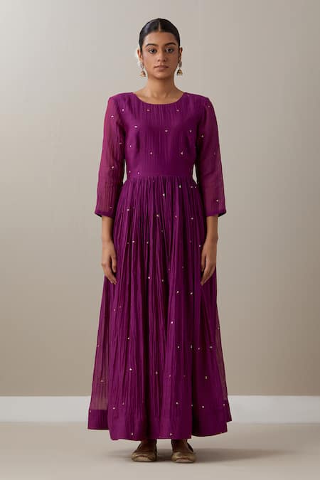 Priya Chaudhary Purple Chanderi Sequins, Zari, Embroidery Round Neck Anarkali Set Online at Aza Fashions Priya Chaudhary_Purple Chanderi Sequins, Zari, Embroidery Round Neck Anarkali Set _Online_at_Aza_Fashions