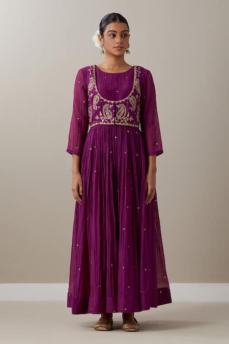 Buy Priya Chaudhary Purple Chanderi Sequins, Zari, Embroidery Round Neck Anarkali Set Online at Aza Fashions Buy_Priya Chaudhary_Purple Chanderi Sequins, Zari, Embroidery Round Neck Anarkali Set _Online_at_Aza_Fashions