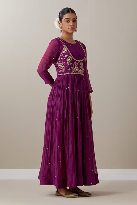 Shop Priya Chaudhary Purple Chanderi Sequins, Zari, Embroidery Round Neck Anarkali Set Online at Aza Fashions Shop_Priya Chaudhary_Purple Chanderi Sequins, Zari, Embroidery Round Neck Anarkali Set _Online_at_Aza_Fashions