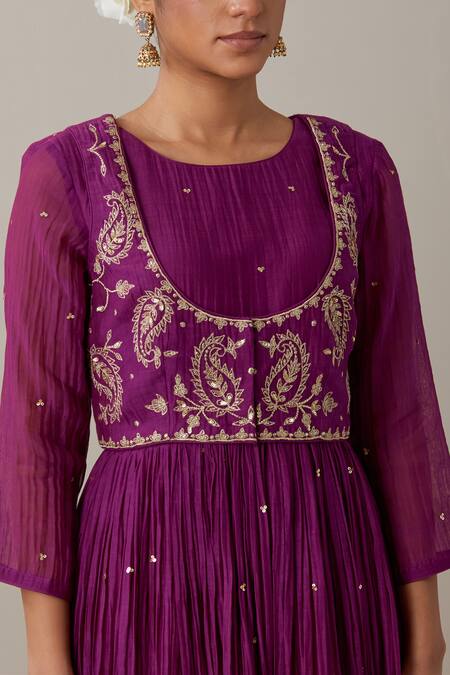 Priya Chaudhary Purple Chanderi Sequins, Zari, Embroidery Round Neck Anarkali Set at Aza Fashions Priya Chaudhary_Purple Chanderi Sequins, Zari, Embroidery Round Neck Anarkali Set _at_Aza_Fashions