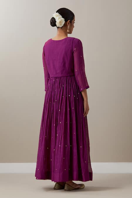 Shop Priya Chaudhary Purple Chanderi Sequins, Zari, Embroidery Round Neck Anarkali Set at Aza Fashions Shop_Priya Chaudhary_Purple Chanderi Sequins, Zari, Embroidery Round Neck Anarkali Set _at_Aza_Fashions