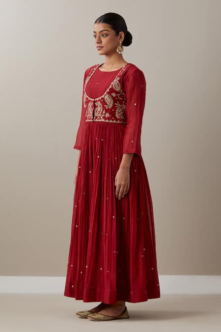Buy Priya Chaudhary Red Chanderi Sequins, Zari Round Neck Pleated Anarkali And Embroidered Koti Jacket Online at Aza Fashions Buy_Priya Chaudhary_Red Chanderi Sequins, Zari Round Neck Pleated Anarkali And Embroidered Koti Jacket _Online_at_Aza_Fashions