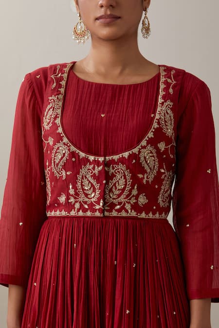 Shop Priya Chaudhary Red Chanderi Sequins, Zari Round Neck Pleated Anarkali And Embroidered Koti Jacket Online at Aza Fashions Shop_Priya Chaudhary_Red Chanderi Sequins, Zari Round Neck Pleated Anarkali And Embroidered Koti Jacket _Online_at_Aza_Fashions
