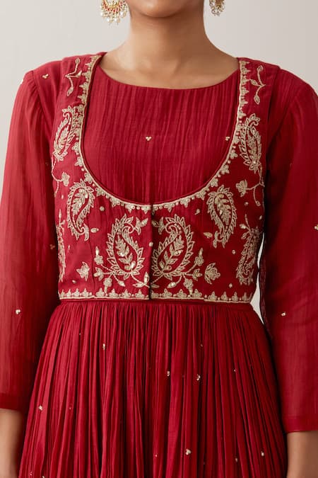 Shop_Priya Chaudhary_Red Chanderi Sequins, Zari Round Neck Pleated Anarkali Set With Koti Jacket _Online_at_Aza_Fashions