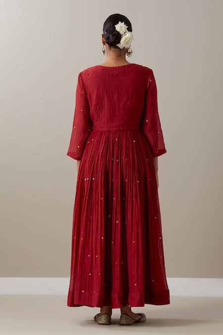 Shop_Priya Chaudhary_Red Chanderi Sequins, Zari Round Neck Pleated Anarkali Set With Koti Jacket _at_Aza_Fashions