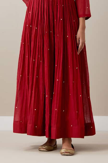 Priya Chaudhary_Red Chanderi Sequins, Zari Round Neck Pleated Anarkali Set With Koti Jacket _at_Aza_Fashions