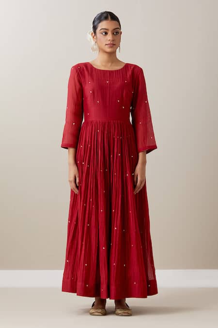 Priya Chaudhary_Red Chanderi Sequins, Zari Round Neck Pleated Anarkali Set With Koti Jacket _Online_at_Aza_Fashions