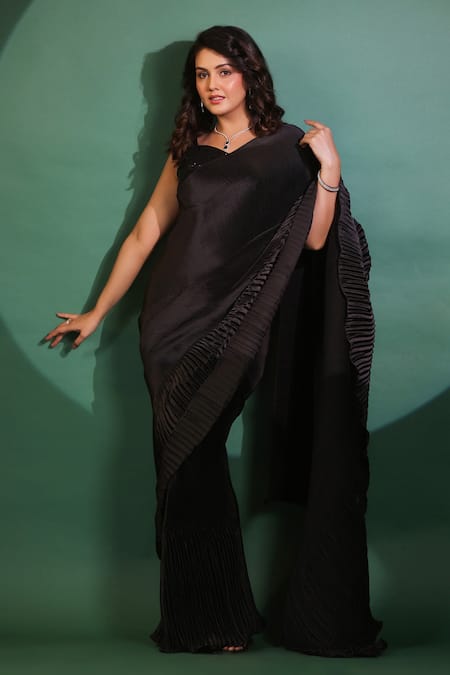 B'Infinite Black Pre-Draped Ruffled Saree Set 