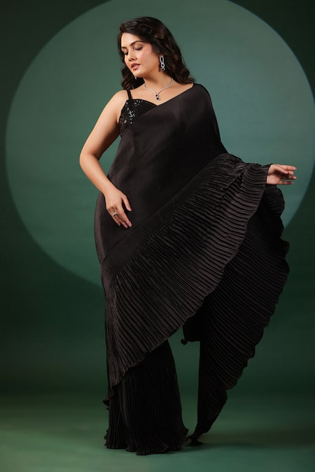 Buy_B'Infinite_Black Lycra Sequins Sweetheart Neck Pre-draped Ruffled Saree Set _Online_at_Aza_Fashions