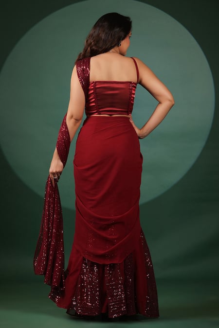 B'Infinite Red Sequined Pre Draped Saree & Blouse 
