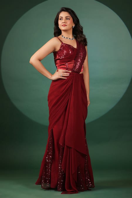 Shop B'Infinite Red Lycra Sequins Sweetheart Neck Pre Draped Saree And Blouse Online at Aza Fashions Shop_B'Infinite_Red Lycra Sequins Sweetheart Neck Pre Draped Saree And Blouse _Online_at_Aza_Fashions