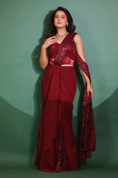 B'Infinite Red Lycra Sequins Sweetheart Neck Pre Draped Saree And Blouse at Aza Fashions B'Infinite_Red Lycra Sequins Sweetheart Neck Pre Draped Saree And Blouse _at_Aza_Fashions
