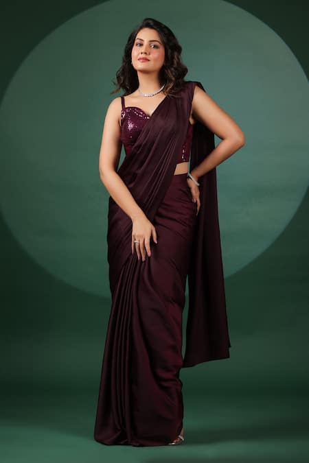 Buy_B'Infinite_Wine Lycra Sequins Pre Draped Saree With Corset Blouse For Kids_Online_at_Aza_Fashions