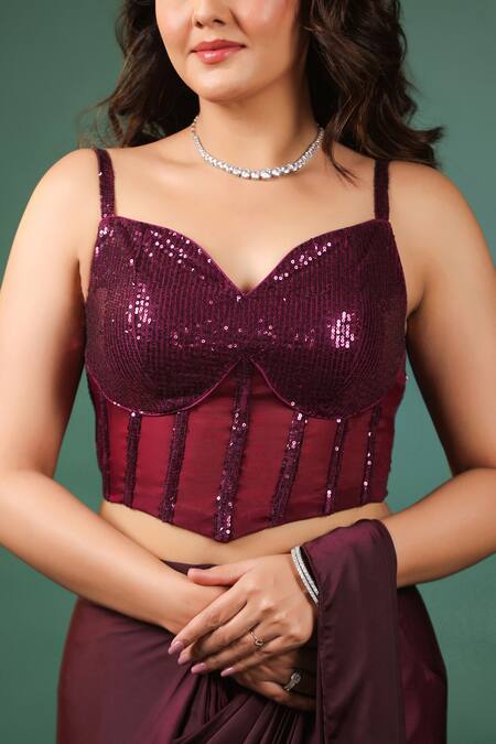 B'Infinite_Wine Lycra Sequins Pre Draped Saree With Corset Blouse For Kids_at_Aza_Fashions