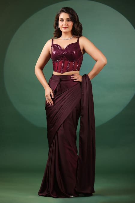 Buy_B'Infinite_Wine Lycra Sequins Pre Draped Saree With Corset Blouse For Kids