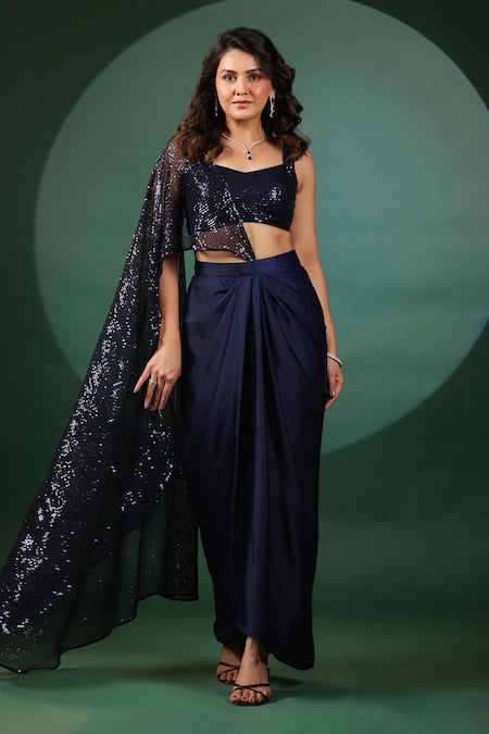 B'Infinite Blue Sequined Pre Draped Saree Set 