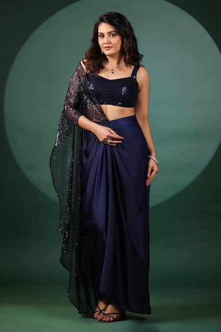 Shop_B'Infinite_Blue Lycra Sequins Sweetheart Neck Pre Draped Saree Set _Online_at_Aza_Fashions
