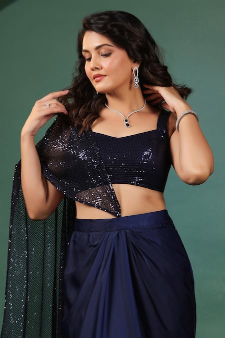 B'Infinite_Blue Lycra Sequins Sweetheart Neck Pre Draped Saree Set _at_Aza_Fashions