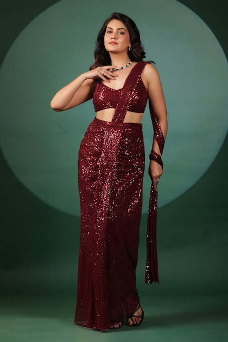 B'Infinite Red Sequined Pre Draped Saree Set 