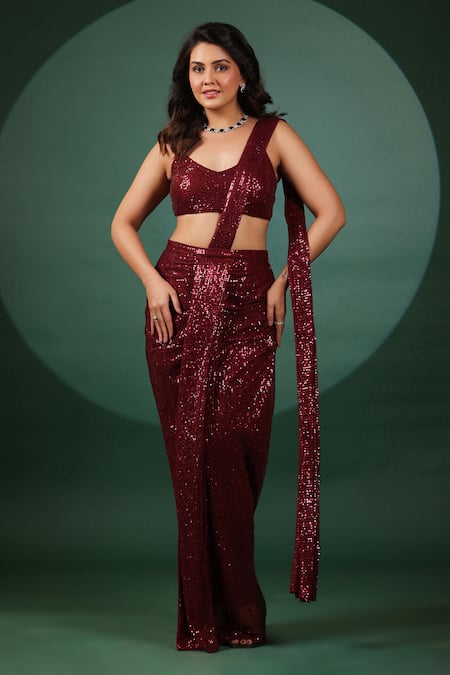 B'Infinite Red Lycra Sequins Sweetheart Neck Pre Draped Saree Set Online at Aza Fashions B'Infinite_Red Lycra Sequins Sweetheart Neck Pre Draped Saree Set _Online_at_Aza_Fashions