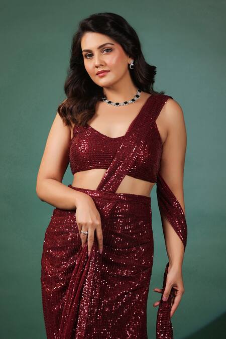 B'Infinite Red Lycra Sequins Sweetheart Neck Pre Draped Saree Set at Aza Fashions B'Infinite_Red Lycra Sequins Sweetheart Neck Pre Draped Saree Set _at_Aza_Fashions