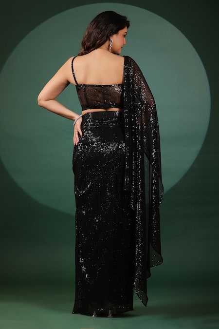 B'Infinite Eclipse Black Sequined Pre Draped Saree Set 