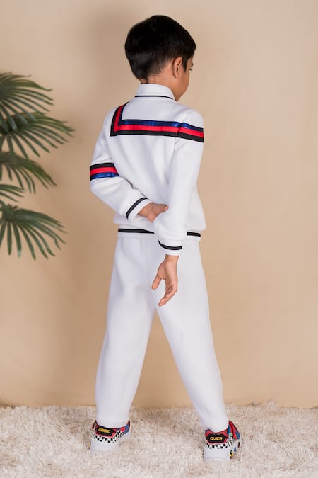 Shop Toplove White Neoprene, Cotton Embroidery Bomber Jacket at Aza Fashions Shop_Toplove_White Neoprene, Cotton Embroidery Bomber Jacket _at_Aza_Fashions