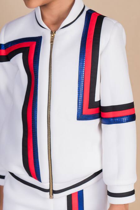 Toplove White Neoprene, Cotton Embroidery Bomber Jacket Online at Aza Fashions Toplove_White Neoprene, Cotton Embroidery Bomber Jacket _Online_at_Aza_Fashions