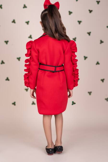 Shop_Toplove_Red Cotton, Neoprene Ruffle Trench Dress With Belt _at_Aza_Fashions