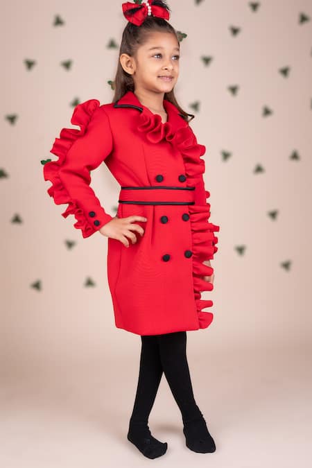Toplove_Red Cotton, Neoprene Ruffle Trench Dress With Belt _Online_at_Aza_Fashions
