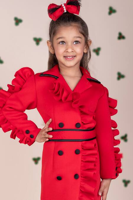 Buy_Toplove_Red Cotton, Neoprene Ruffle Trench Dress With Belt _Online_at_Aza_Fashions