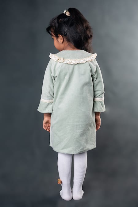 Shop Toplove Green Cotton, Corduroy Bows Mint Embellished Dress at Aza Fashions Shop_Toplove_Green Cotton, Corduroy Bows Mint Embellished Dress _at_Aza_Fashions