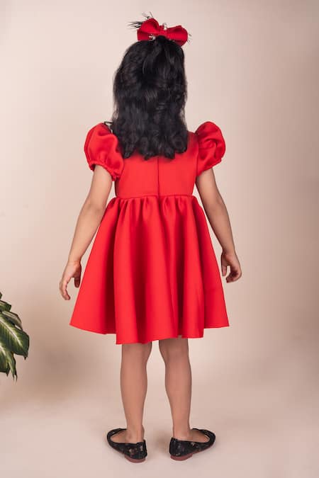 Shop_Toplove_Red Neoprene Beads, Sequins Star Applique Puffed Sleeve Dress And Headgear _at_Aza_Fashions