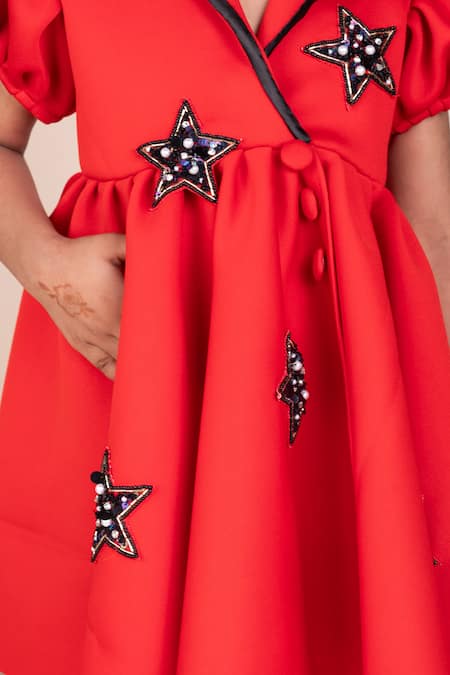 Buy_Toplove_Red Neoprene Beads, Sequins Star Applique Puffed Sleeve Dress And Headgear _Online_at_Aza_Fashions